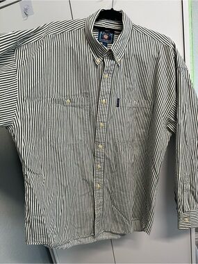 Ralph Lauren Green and Off White Vertical Stripe Button-Down Shirt